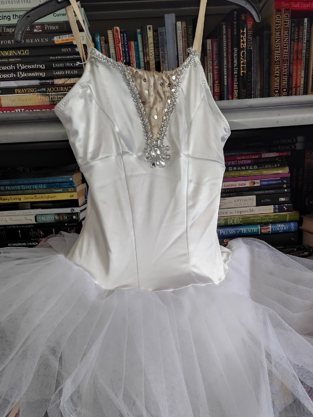 White Satin Tulle Evening Dress with Beaded V-Neck